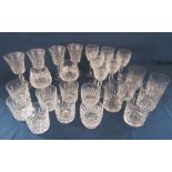 Stuart crystal goblets and Waterford crystal tumblers, brandy glasses and wine glasses