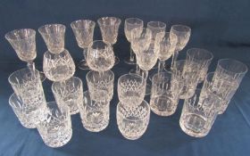 Stuart crystal goblets and Waterford crystal tumblers, brandy glasses and wine glasses