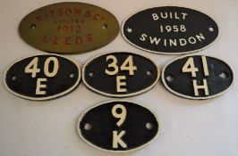 Four cast iron railway shed plates, oval brass plates 'Kitson & Son Ltd 1912 Leeds' & an oval