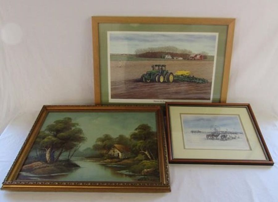 R.Benson framed oil painting depicting cottage by the river, David Morris framed pencil signed