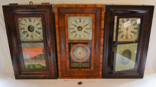 3 American 19th century wall clocks including early Jerome with panel depicting Broadway in the