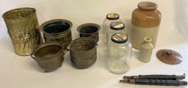 3 Horlicks glass jars, stoneware pots, Player's Bachelor's cork tipped cigarettes mirror, 4 brass