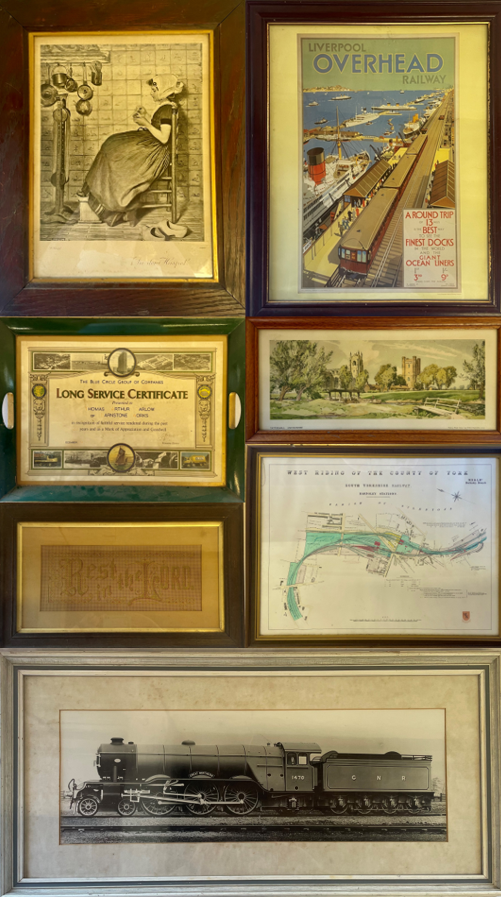 Religious needle point, National Railway Museum poster, hand coloured map of Barnsley Rail