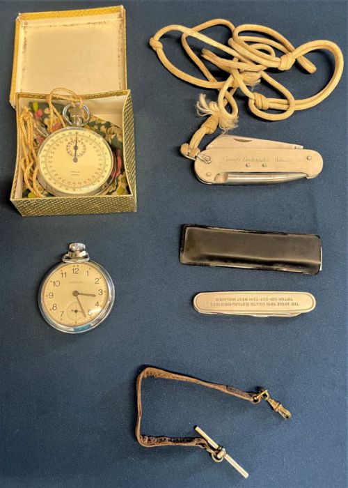 Horlux Incabloc stop watch, Ingersoll pocket watch, The Angle Ring Co Ltd pocket knife and a