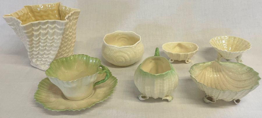 Selection of Belleek shell design, including Neptune cup, saucer, milk, jug and sugar bowl