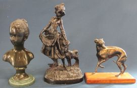 Painted metal figure of young girl with goat, metal greyhound figure on wooden base after Mene &