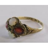 12ct Birmingham gold Victorian 1859 ring with opal and Garnet stones - ring size N/O
