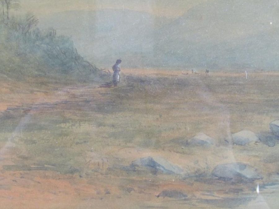 Framed signed watercolour depicting person walking by a river with mountains in view and a framed - Image 5 of 5