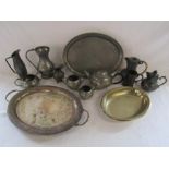 Collection of pewter and silver plate includes cameo pewter, tea set, serving dish etc