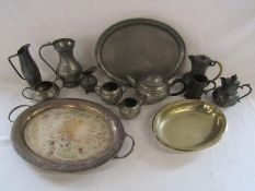 Collection of pewter and silver plate includes cameo pewter, tea set, serving dish etc