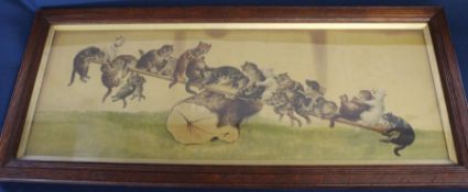 Louis Wain humorous print "Seesaw" depicting cats on a seesaw in oak frame, 87cm x 37.5cm