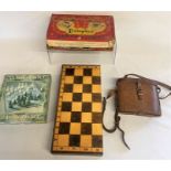 Wooden and glass chess sets, pair of Air Ministry binoculars marked 6E/293 with leather case and