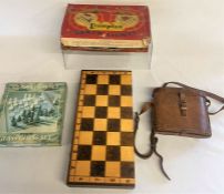 Wooden and glass chess sets, pair of Air Ministry binoculars marked 6E/293 with leather case and