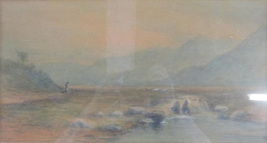 Framed signed watercolour depicting person walking by a river with mountains in view and a framed - Image 3 of 5