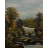 Victorian oil on canvas landscape with a waterfall in the foreground in a heavy gilt frame signed