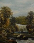 Victorian oil on canvas landscape with a waterfall in the foreground in a heavy gilt frame signed