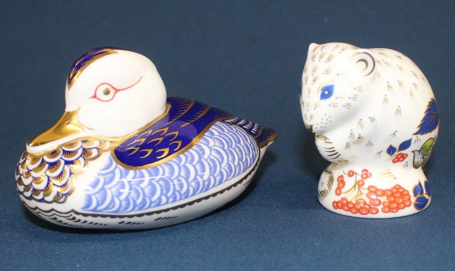 Royal Crown Derby Mallard Duck paperweight  & Derby Dormouse both with gold stoppers