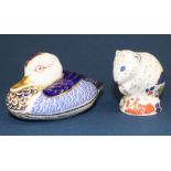 Royal Crown Derby Mallard Duck paperweight  & Derby Dormouse both with gold stoppers
