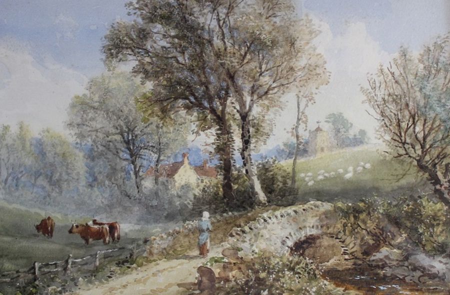 Gilt framed watercolour depicting thatched cottage and children tying hay stooks bearing monogram - Image 3 of 9