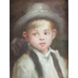 Small oil on brass panel depicting portrait of a young boy, frame dimensions 20cm x 23cm