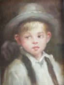 Small oil on brass panel depicting portrait of a young boy, frame dimensions 20cm x 23cm