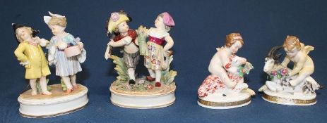 Pair of Volkstedt figurines depicting children & pair of Continental cherubs with goat / sheep (some