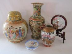 Oriental patterned ginger jar, vase, egg shell bowl etc