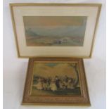 Framed signed watercolour depicting person walking by a river with mountains in view and a framed