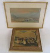 Framed signed watercolour depicting person walking by a river with mountains in view and a framed