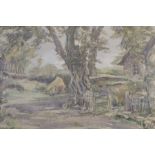 Framed watercolour / charcoal signed Lilian Clark Goodchild 1955, depicting cottage scene approx.