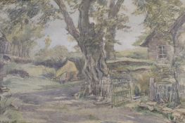 Framed watercolour / charcoal signed Lilian Clark Goodchild 1955, depicting cottage scene approx.