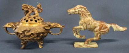 Chinese 20th century incense burner & metal and verdigris Tang style galloping horse