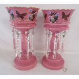 Pair of pink glass lustres painted with birds and butterflies - approx. 37cm tall