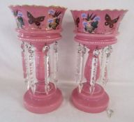 Pair of pink glass lustres painted with birds and butterflies - approx. 37cm tall