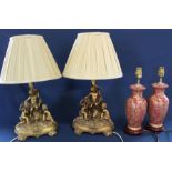 Pair of classical style gilt resin table lamps & pair of ornate porcelain table lamps