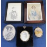 Five 19th century and later framed watercolour / pencil portraits ( one with initials, one with