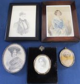 Five 19th century and later framed watercolour / pencil portraits ( one with initials, one with