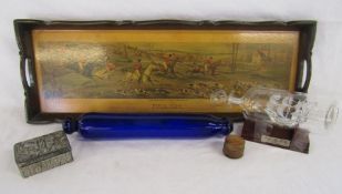 Collection of items to include tray with Full Cry print, ship in a bottle, blue glass rolling pin,