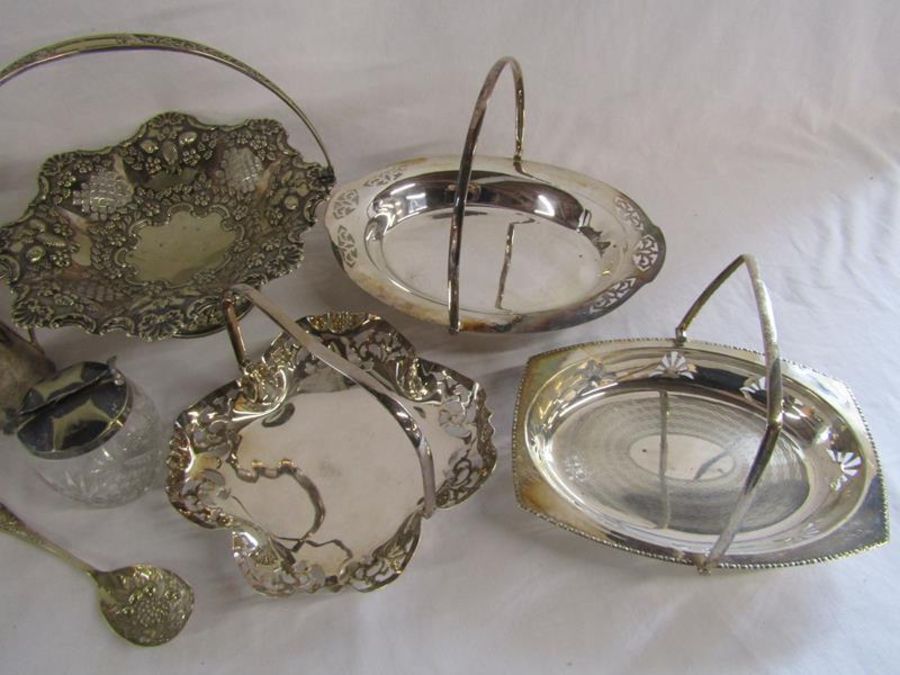 Collection of silver plate handled dishes, tea set, sugar bowl with tongs in lid and a decorated - Image 4 of 5