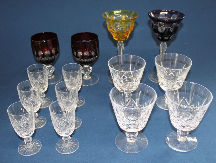 Set of 4 Stuart crystal wine goblets, set of 6 cut glass wine glasses, pair of ruby overlay