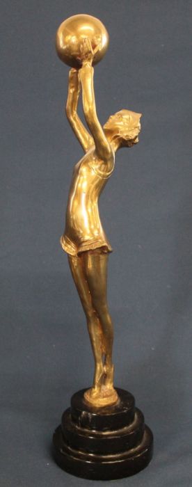 After Josef Lorenzl brass figure of female dancer on stepped marble base 43cm high - Image 2 of 3