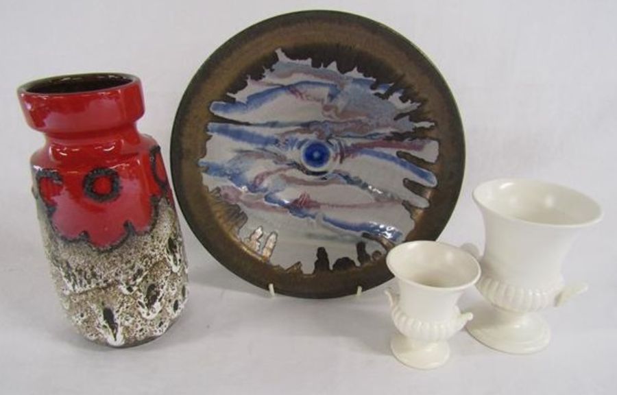 West German Vase 242-22, studio pottery bowl approx. 27cm dia (slight chip) and 2 Wedgwood Barlaston