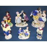 Sitzendorf porcelain figure group of man and woman dancing, man seated on a tree stump with a basket