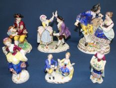 Sitzendorf porcelain figure group of man and woman dancing, man seated on a tree stump with a basket