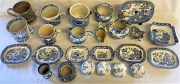 Selection of blue and white ceramics including Willow ware etc.