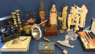 Selection of collectables including Zenith binoculars, Victorian copper kettle, small mahogany
