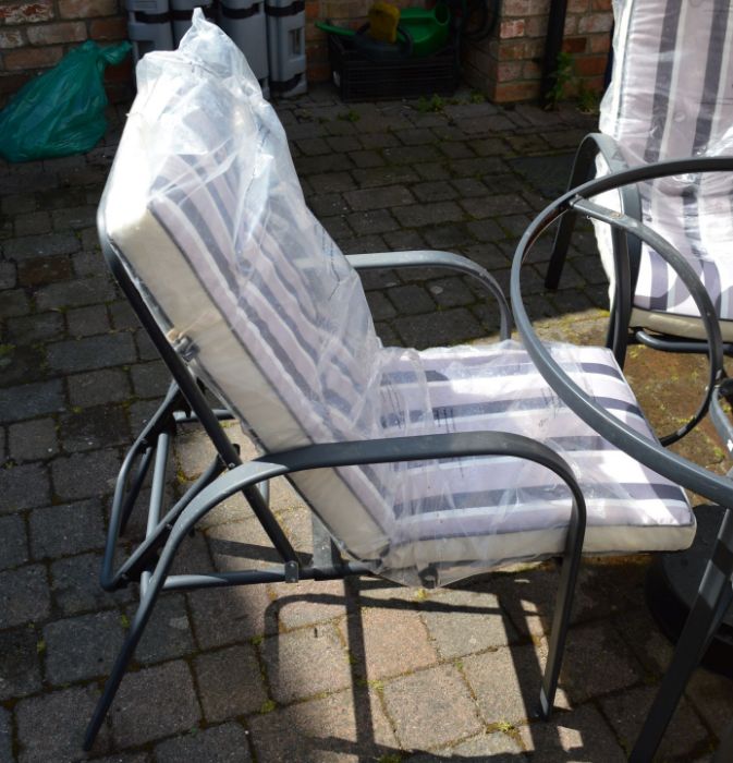 Patio table (missing glass top), 4 recliner chairs,with cushion seats, 4 spare cushion seats & - Image 2 of 2