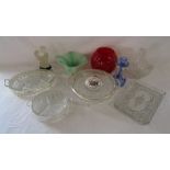 Collection of glassware includes Murano style dish, blue candlestick with lustre drops also a