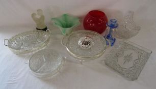 Collection of glassware includes Murano style dish, blue candlestick with lustre drops also a