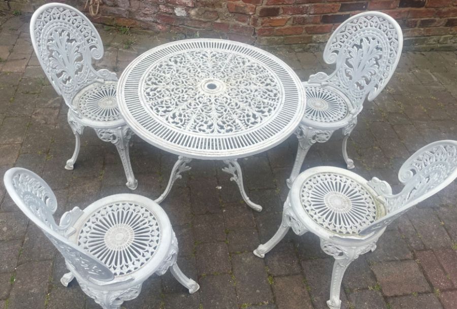4 painted cast aluminium garden chairs and pierced decorative circular top table - Image 2 of 2